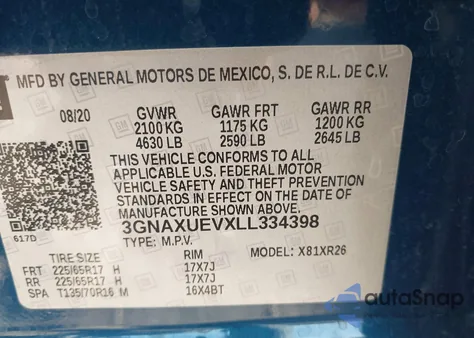 2020 Chevrolet Equinox Awd Lt 1.5L Turbo из США, поврежденный, VIN 3GNAXUEVXLL334398